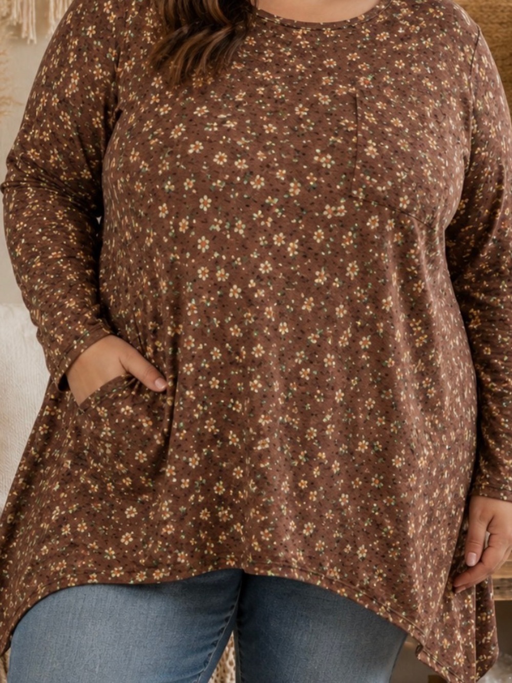 Yak N Yeti brown floral long-sleeve tunic top